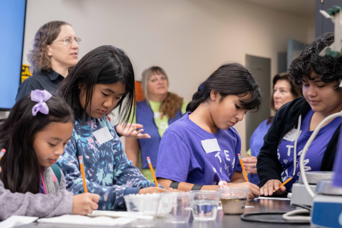 girls work on an activity during the expanding your horizons event