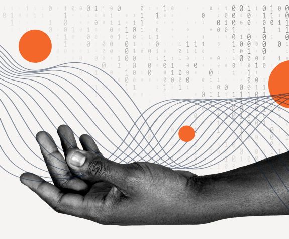 Illustration of an arm holding a wave with binary numbers in the background