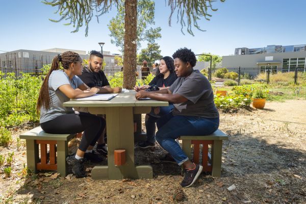 four students at a picnic table in a garden