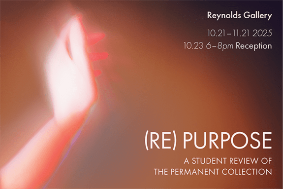 A glowing hand reaches into red darkness, exhibition information in text form