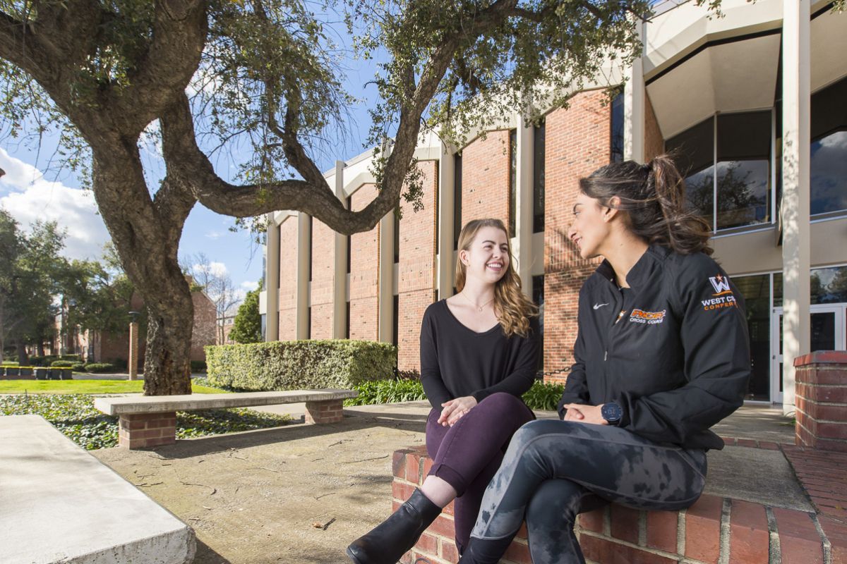 two students sitting on campus