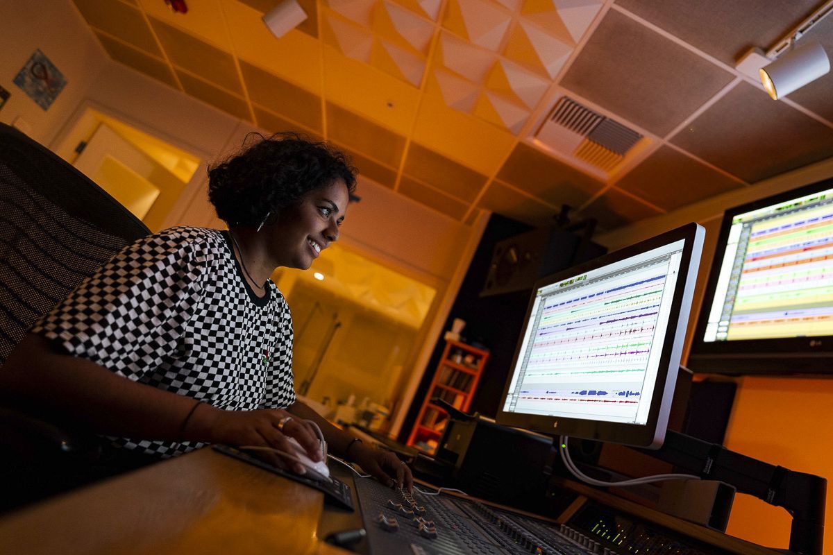 Music Management student in the recording studio