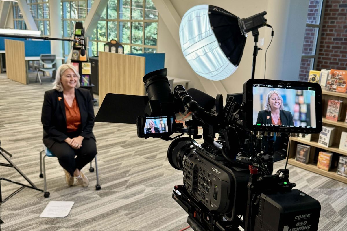 An interview is filmed at University of the Pacific