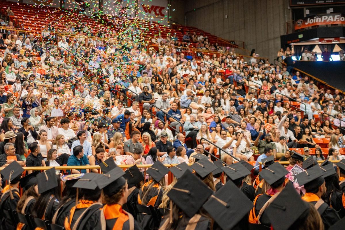 Confetti floats in the air above the bleachers full of guests watching Commencement