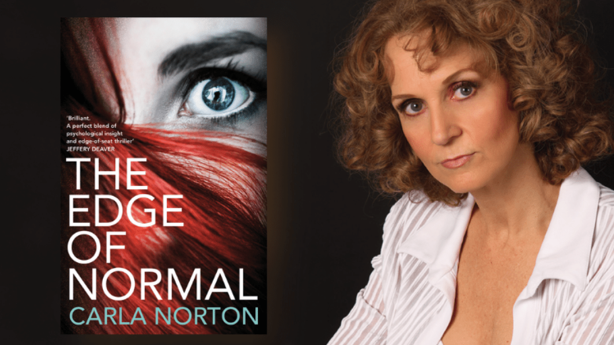 Carla Norton beside her book cover
