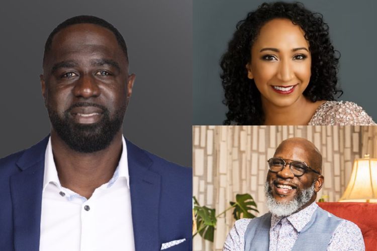 a montage of images showing three people