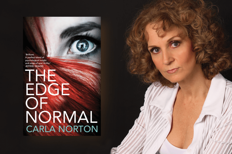 Carla Norton next to her book cover