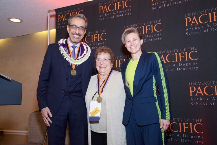 Dean Nader Nadershahi ’94, Medallion of Distinction honoree Dr. Ann Marie Silvestri ’75, and outgoing Alumni Association President Dr. Amanda Rae Kronquist ’15