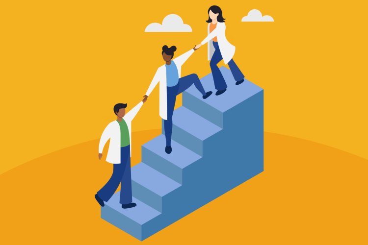 Illustration of three pharmacists in white coats helping each other up stairs 