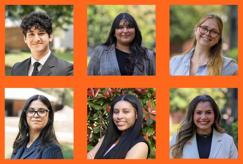 A photo collage of six people. Each person is smiling at the camera