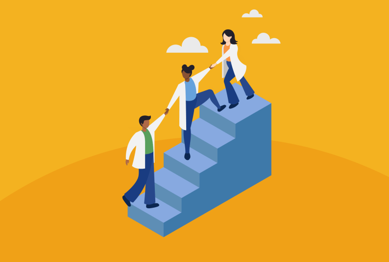 Illustration of three pharmacists in white coats helping each other up stairs 