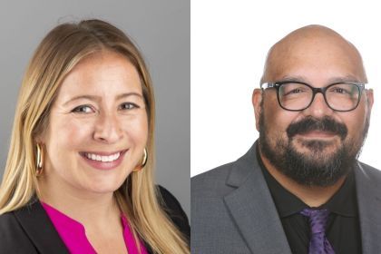 A graphic of two headshots, the picture on the left is a female and the picture on the right is a male. Both are wearing business attire.