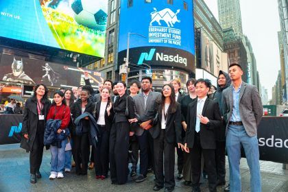 Students post in front of NASDAQ