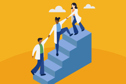 Illustration of three pharmacists in white coats helping each other up stairs 