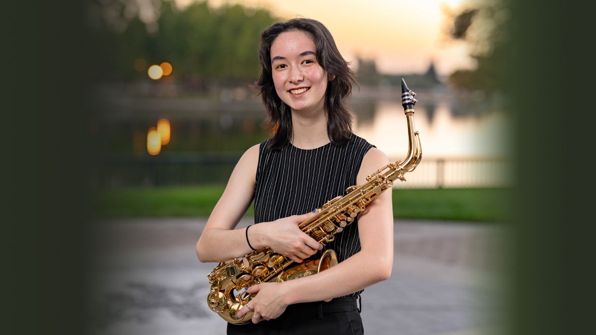 Jazz Studies major Aimee MacDonald with her alto saxophone